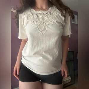 Vintage Chic Cream Crochet Knit Lace Women's Short Sleeve Top Tee Tshirt